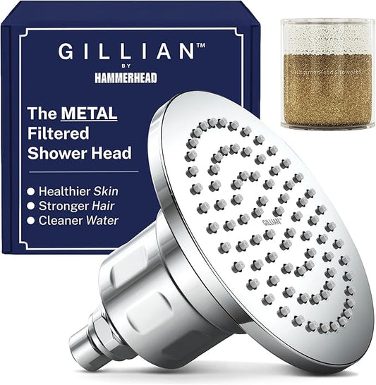 Gillian™ by HammerHead High Pressure Shower Head with Filter – Genuine KDF-55 Filtered Shower Head for Hard Water, Healthier Skin & Hair – Metal 6-Inch Rainfall Showerhead with Filters, Chrome