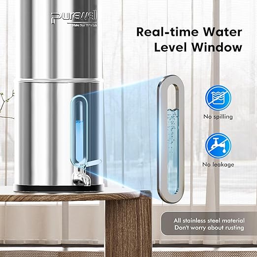 Purewell Upgraded 6-Stage 0.01μm Ultra-Filtration Gravity Water Filter System with Water Level Window, 304 Stainless Steel Countertop System with 2 Filters and Stand, Reduce 99% Chlorine, BO-2.25G