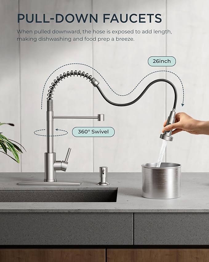 FORIOUS Kitchen Faucets with Pull Down Sprayer, Brushed Nickel Stainless Steel Commercial Single Handle Classic Spring Pull Out Sink Faucet for Pot Filler, Farmhouse Camper Bar Laundry Room