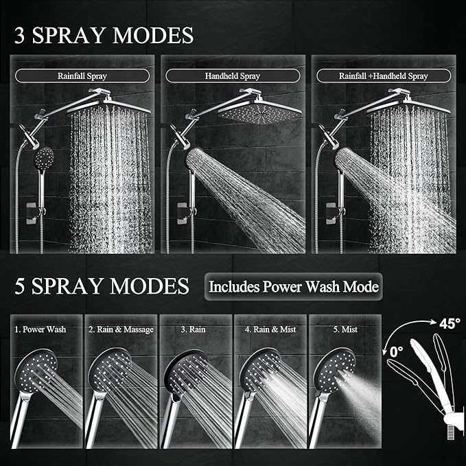Veken 14" Wide Rain Shower Head with Handheld, High Pressure Handheld Shower with Multi Spray Modes, Rainfall Combo with 15" Metal Extension Arm, Detachable Dual Shower, Bathroom Decor, Chrome Silver