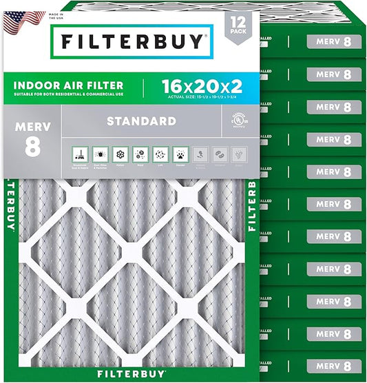 Filterbuy 16x20x2 Air Filter MERV 8 Essential Dust & Allergy Defense (12-Pack), Electrostatic Pleated HVAC AC Furnace Filters Replacement, Made in USA (Actual Size: 15.50 x 19.50 x 1.75)