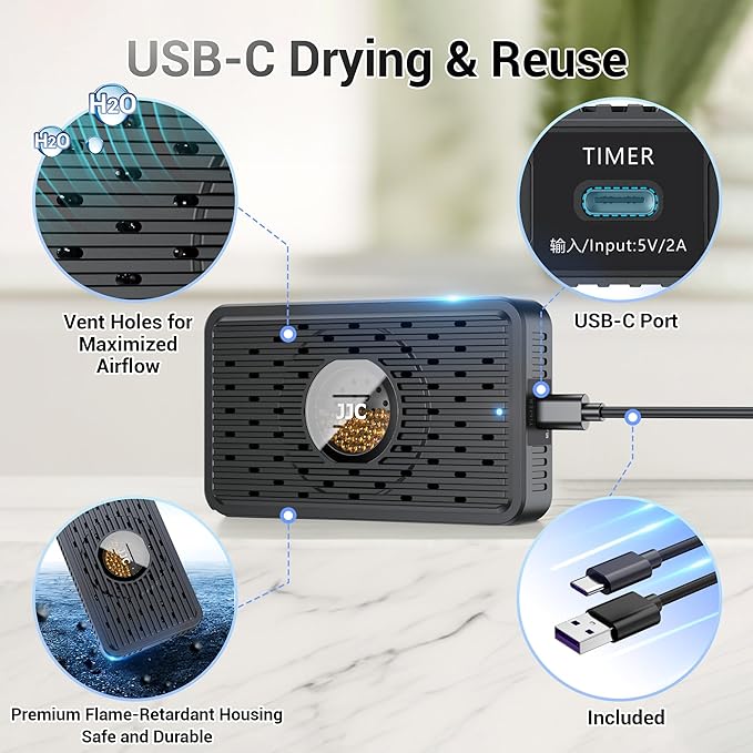 2Pack Auto Power-off USB C Rechargeable Gun Safe Dehumidifier Desiccant,Small Moisture Absorber Silica Gel Packets for 3D Printer Bathroom Bedroom Basement RV Closet Cabinet Windowsill Tent - White