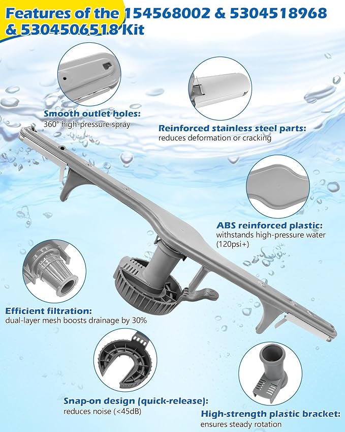 154568002 Dishwasher Lower Spray Arm -Complete with 5304518968 Support & 5304506518 Filter-Compatible with Frigidaire Electrolux Dishwasher Bottom Lower Spray Arm 5304517203 154250901 154414101