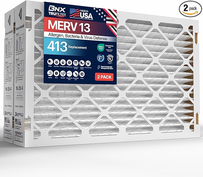 TruFilter Compatible with AprilAire 413 Replacement Filter for AprilAire (2-Pack) - MERV 13 - MADE IN USA - HVAC AC Furnace Filters Allergies, Mold, Bacteria, Smoke, MPR 1900 FPR 10 Air Filter 16x25x4