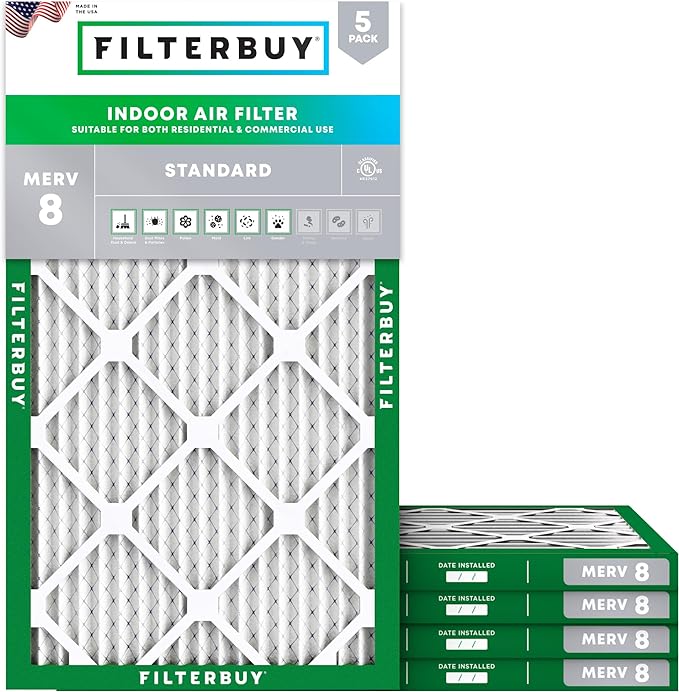 Filterbuy 16x32x1 Air Filter MERV 8 Essential Dust & Allergy Defense (5-Pack), Electrostatic Pleated HVAC AC Furnace Filters Replacement, Made in USA (Actual Size: 15.50 x 31.50 x 0.75)
