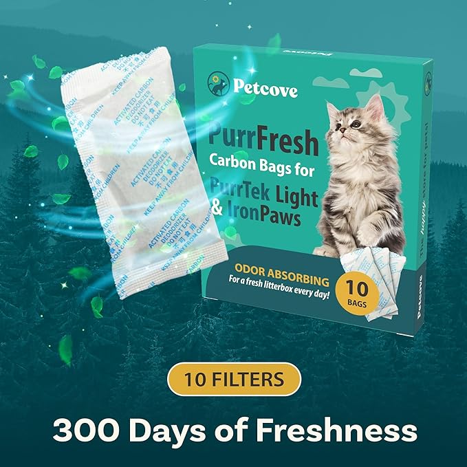 PetCove Activated Charcoal Odor Absorber – PurrTek Light & IronPaws Cat Litter Box Replacement Filters – Universal Fit for Hooded & Self-Cleaning Systems, Ammonia Locking Pods – 10 Pack