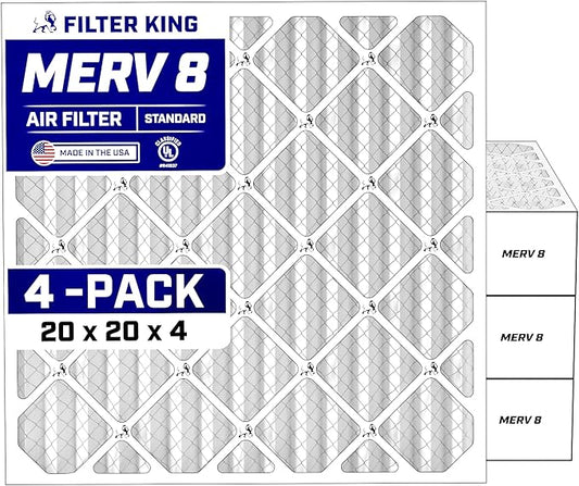 Filter King 20x20x4 Air Filter (MERV 8) (4-Pack) Dust & Allergy Control AC Furnace Filters, MADE IN USA, HVAC, Pleated, Electrostatic (Actual Size: 19.5 x 19.5 x 3.75)