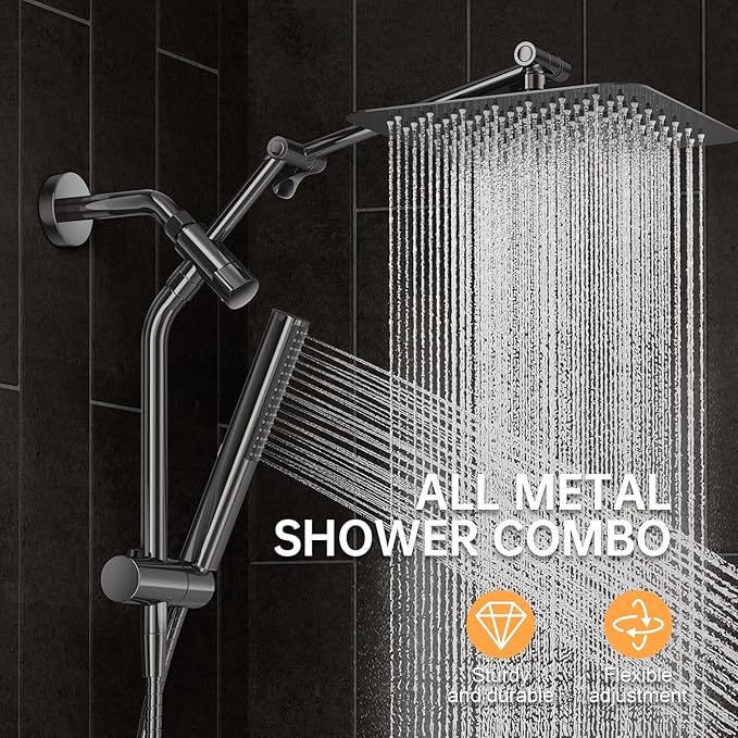 Veken All Metal 10" Gunmetal Gray Shower Head with Handheld, Luxurious Square Double Rain Shower Heads with Spray Combo, Dual High Pressure Detachable Rainfall Showerhead with Extension Arm, Long Hose