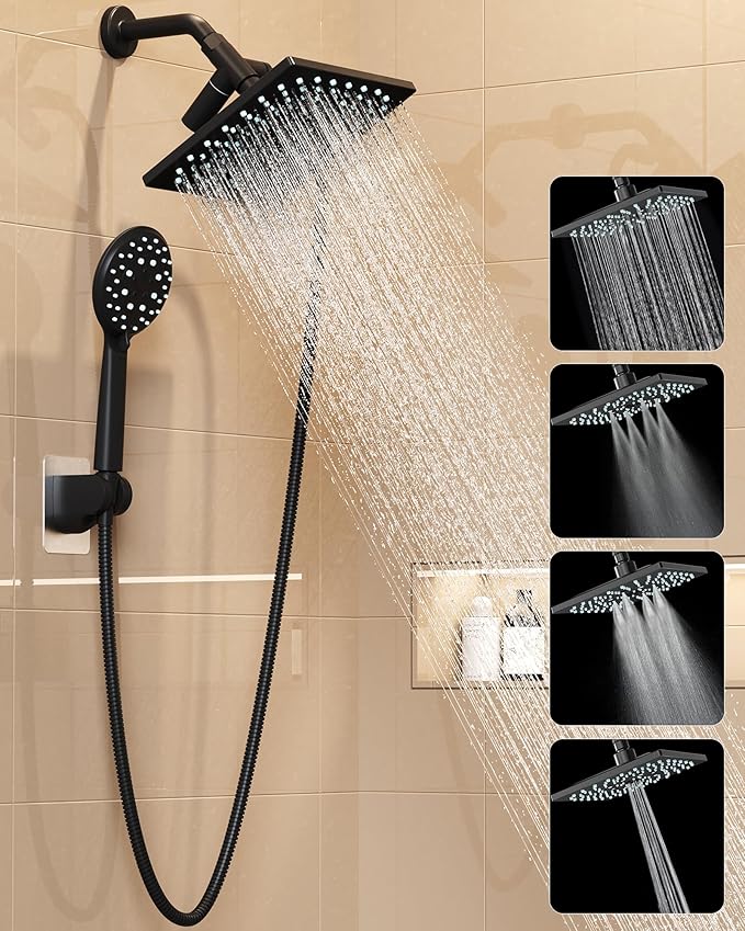 Veken High Pressure 8" Rain Shower Head with Handheld, Square Rainfall Shower Heads with 5-Mode Handheld Spray Combo, Detachable Hand Held Showerhead, Bathroom Decor，Dual Matte Black Regaderas Para