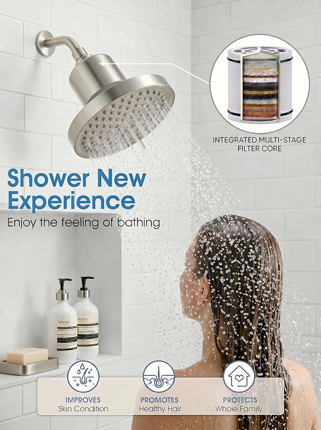 360 Degree Rotated Shower Head Brushed Nickel＆ Filter COMBO ! Anti - Chlorine Hard Water Filtered Shower Heads- 7 Sprays High Pressure Showerheads with 25 Stage Filtration for Adult and Baby