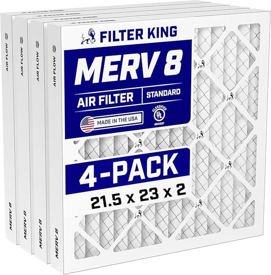 Filter King 21.5x23x2 Air Filter (MERV 8) (4-Pack) Dust & Allergy Control AC Furnace Filters, MADE IN USA, HVAC, Pleated, Electrostatic (Actual Size: 21.5 x 23 x 1.75)
