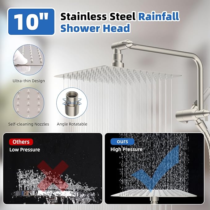 All Metal Shower Head, 10" High Pressure Rainfall/Handheld Shower Combo with 11" Extension Arm, 10-Spray Handheld Showerhead, 71" Long Hose, 3-Way Diverter Valve, Brushed Nickel