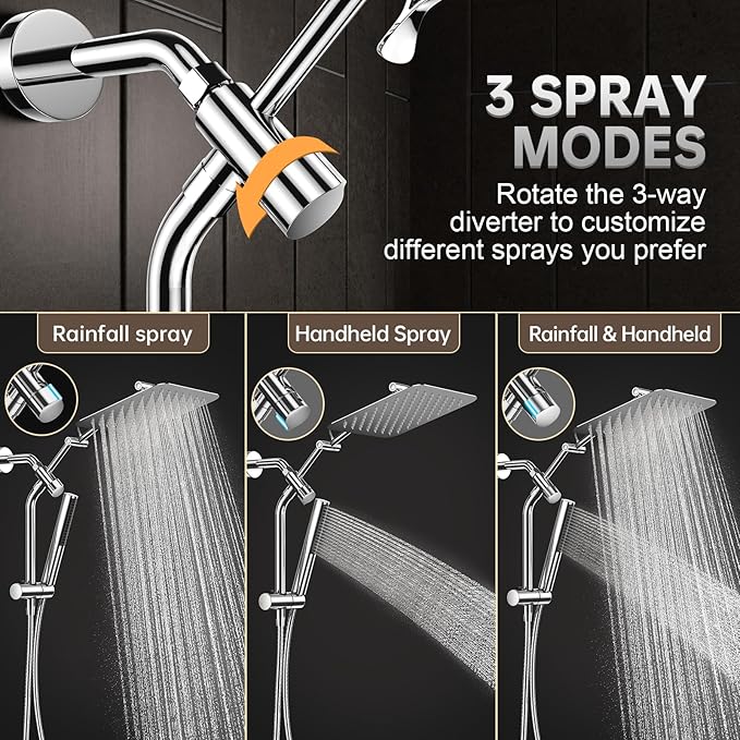 Veken All Metal 10" Shower Head with Handheld, Luxurious Square Double Rain Shower Heads,Power Wash Wand,Dual High Pressure Detachable Rainfall Showerhead with Spray Combo,Extension Arm,Chrome,Sliver