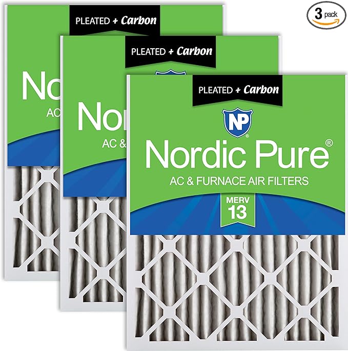 Nordic Pure 20x20x2 (Actual Size: 19 1/2 x 19 1/2 x 1 3/4) Pleated Air Filters MERV 13 Plus Carbon 3 Pack