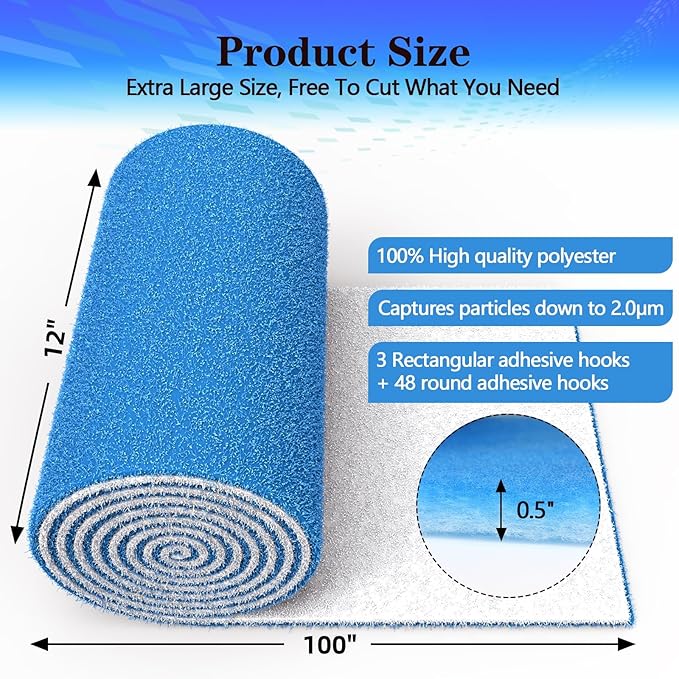 Air Vent Filter, 12"X100" Cut to Size Air Filter Material, MERV 8 Electrostatic Air Filter Roll, Blue & White Vent Filters for Home Floor, Rv Ac Vent, Ceiling, Refrigeration, HVAC Furnace Vent, Etc