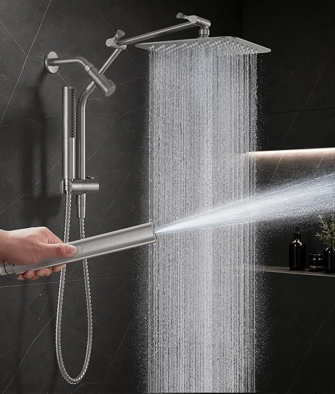 Veken All Metal 10" Brushed Nickel Shower Head with Handheld, Luxurious Square High Pressure Double Rain Shower Heads with Power-wash Hand Held, Dual Detachable Rainfall Showerhead,Bathroom Upgrade