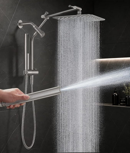 Veken All Metal 10" Brushed Nickel Shower Head with Handheld, Luxurious Square High Pressure Double Rain Shower Heads with Power-wash Hand Held, Dual Detachable Rainfall Showerhead,Bathroom Upgrade