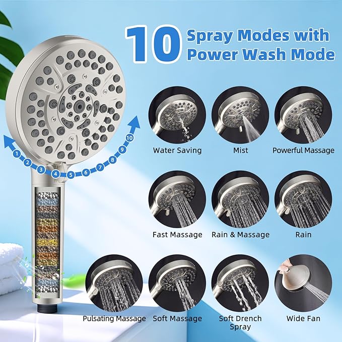 All-Metal 10" High-Pressure Rain Shower Head with Handheld- 10-Spray Power Wash with Shower Filter, Easy Reach 4-Way Diverter with Pause Mode, Adjustable 16" Extension Arm/ 71" Hose, Brushed Nickel