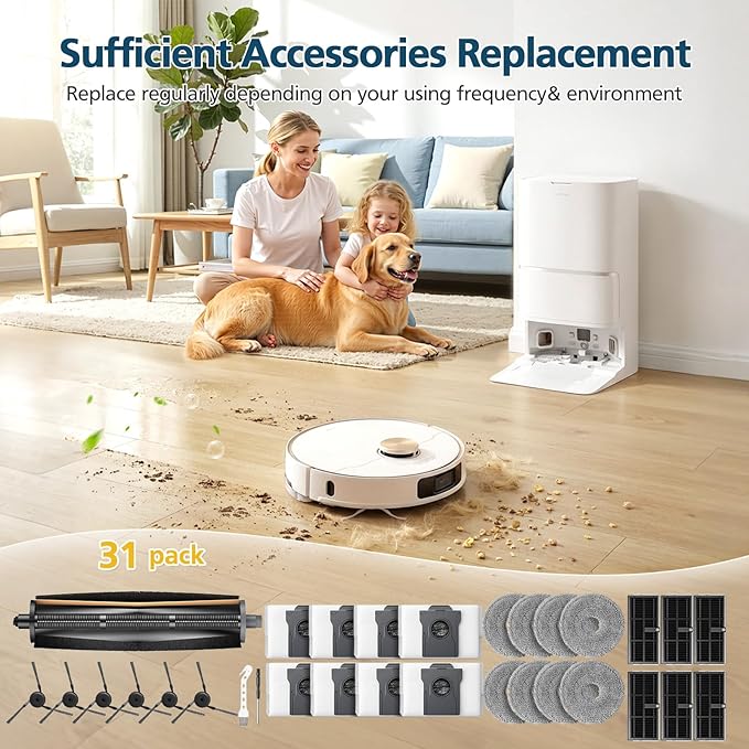 TriCut Brush Accessories for Dreame L40 Ultra (Gen 2)/ X40 Ultra/ D30 Ultra, for MOVA P10 (Gen 2)/ P50 Pro Ultra Robot Vacuum, with 1* TriCut Brush, 8* Mop Pad, 8* Dust Bag, 6* Filter, 6* Side Brush