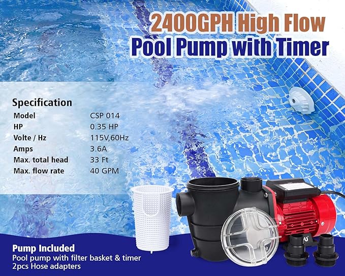 CIPU 1/3 HP Pool Pump with Filter Basket, 2400 GPH Above Ground Pool Pump with Hose Adapters, Self-Priming Pool Filter Pump Replacement for Sand Filter Systems and Frame Pools