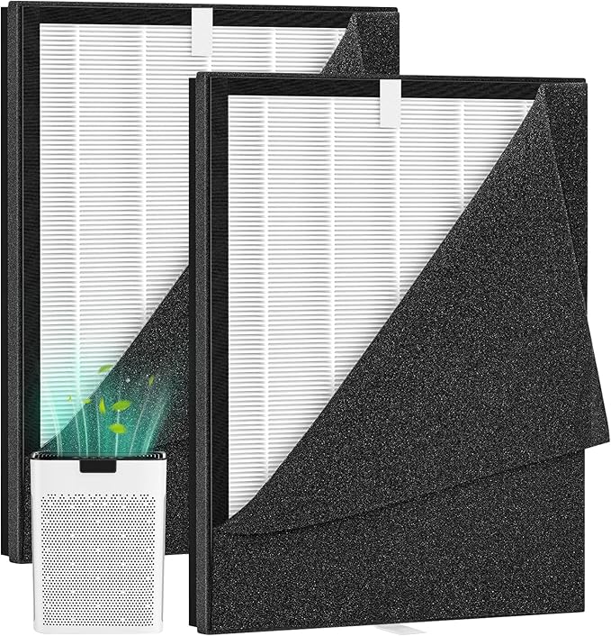 2 Pack KJ190L Filter Replacement for MOOKA KJ190L Air Puri-fier for Home Large Room 2200 Ft², 3 Stage Filtration for Smoke Dust Pollen Pets Hair Dander Odor, 2 HEPA Filters and 4 Washable Pre-Filters