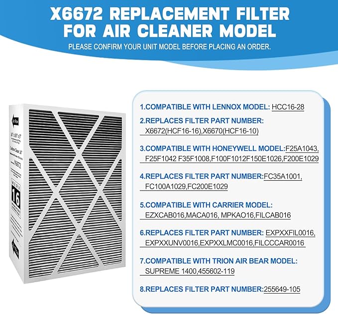1 Pack X6672 16X25X5 Furnace Filter Compatible with Lennox X6672 and Lennox HCC16-28 Healthy Climate Carbon Clean Home Furnace Filter for HVAC System, Part # HCF16-16, HCF16-10