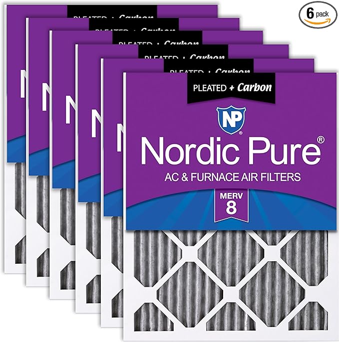 Nordic Pure 20x25x1 (Actual Size: 19 1/2 x 24 1/2 x 3/4) Furnace Air Filters MERV 8 Pleated Plus Carbon 6 Pack