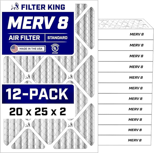 Filter King 20x25x2 Air Filter (MERV 8) (12-Pack) Dust & Allergy Control AC Furnace Filters, MADE IN USA, HVAC, Pleated, Electrostatic (Actual Size: 19.5 x 24.5 x 1.75)