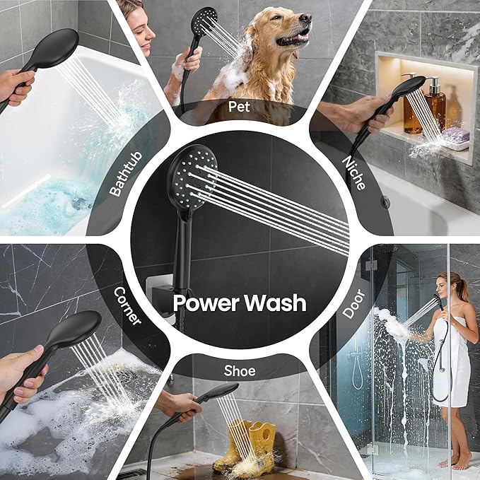 Veken High Pressure 8" Rain Shower Head with Handheld, Square Rainfall Shower Heads with 5-Mode Handheld Spray Combo, Detachable Hand Held Showerhead, Bathroom Decor，Dual Matte Black Regaderas Para