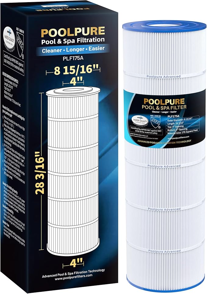 POOLPURE PLF175A Pool Filter Replaces Hayward C1750, CX1750RE, PA175, Ultral-B4, Unicel C-8417, Filbur FC-1294, Sta-Rite PXC175, 817-0175P, L x OD: 28 3/16" x8 15/16", 175 sq.ft Cartridge