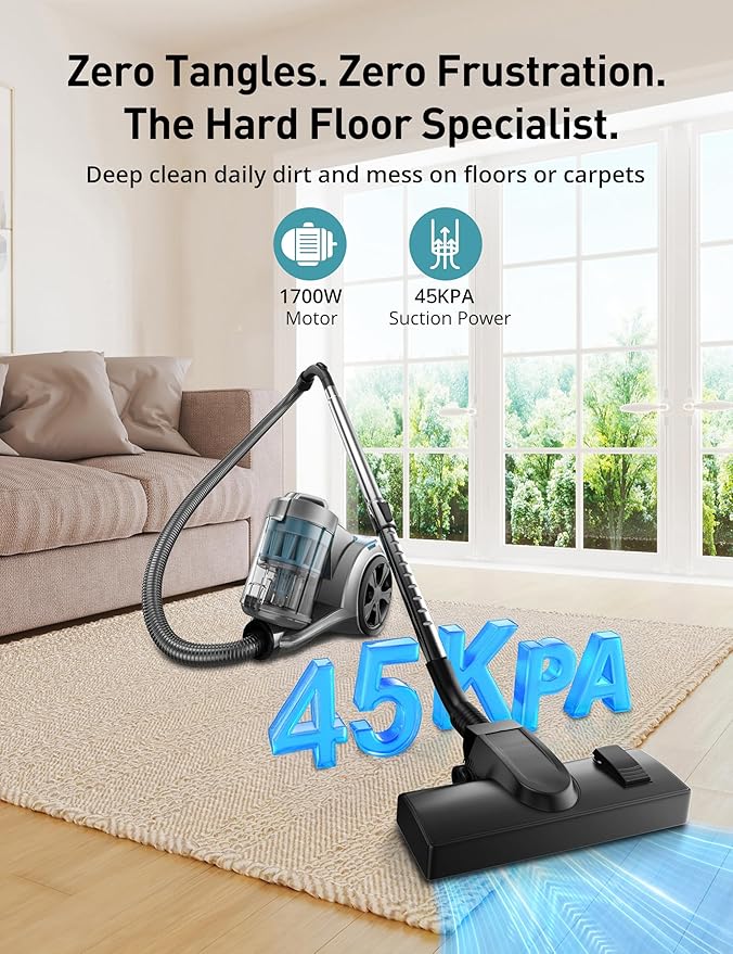 Aspiron 1700W Canister Vacuum Cleaner, 45Kpa Bagless Vacuum Cleaner, Multi-Cyclonic Filtration, 2 Anti-Allergen HEPA Filters, 3.5QT Dust Cup, 4 Tools, No Hair Tangles for Hard Floor, Pet Hair, Teal