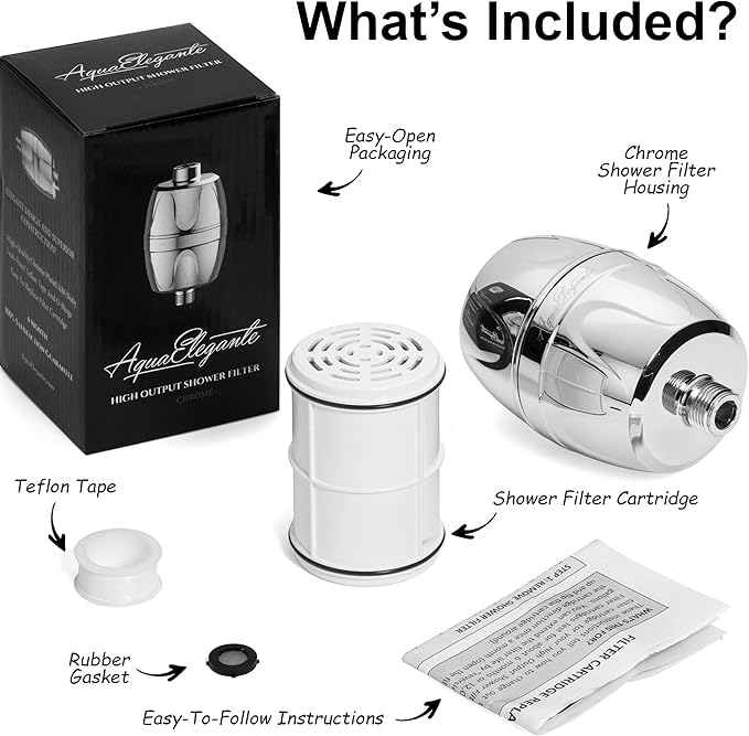 Aqua Elegante Shower Water Filter - Chlorine Showerhead Filters Using Only Proven Ingredients, Universal Home Purifier And Filtered Softener System Best for Skin and Hair - Polished Chrome