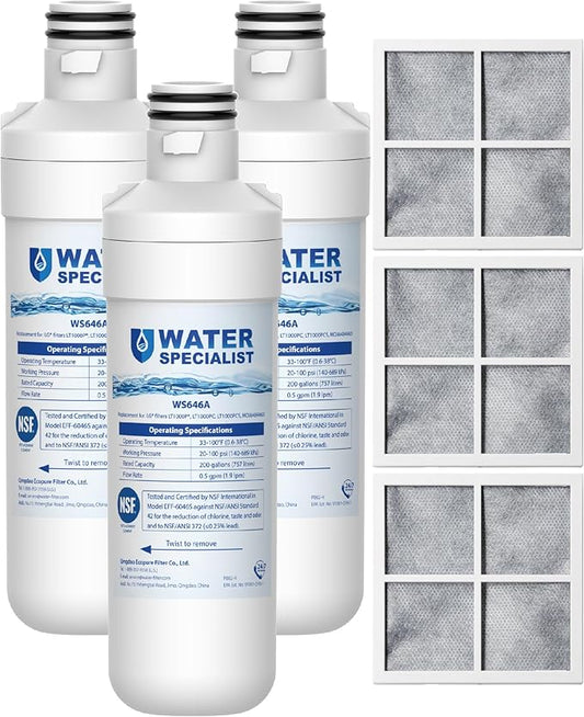Waterspecialist LT1000PC ADQ747935 Replacement for LG® LT1000P®, ADQ747935, LFCC22426S, LRFXS2503S, LMWS27626S, LRDCS2603S, 6 Month 200 Gallon Refrigerator Water Filter and LT120F® Air Filter, 3 Combo