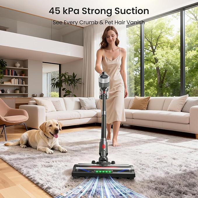 Xlife Cordless Vacuum Cleaner 45KPa 550W for Pet Hair & Multi-Surface Greenlight Reveal Dust 7-Stage HEPA Filter Long Runtime Anti-Tangle Roller Adjustable Stick Lightweight