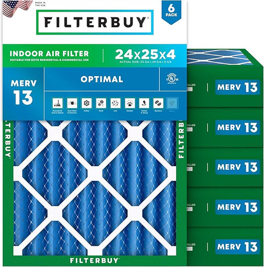 Filterbuy 24x25x4 Air Filter MERV 13 Optimal Smoke & Allergy Defense (6-Pack), Electrostatic Pleated HVAC AC Furnace Filters Replacement, Made in USA (Actual Size: 23.75 x 24.75 x 3.63)