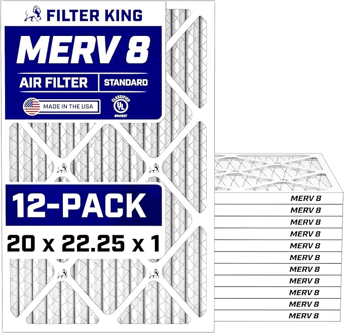Filter King 20x22.25x1 Air Filter (MERV 8) (12-Pack) Dust & Allergy Control AC Furnace Filters, MADE IN USA, HVAC, Pleated, Electrostatic (Actual Size: 20 x 22.25 x .75)