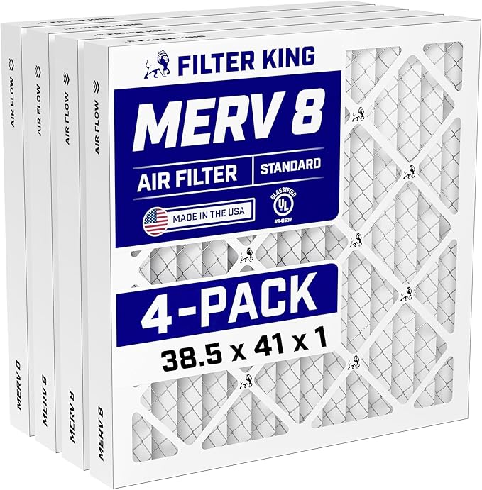 Filter King 38.5x41x1 Air Filter (MERV 8) (4-Pack) Dust & Allergy Control AC Furnace Filters, MADE IN USA, HVAC, Pleated, Electrostatic (Actual Size: 38.5 x 41 x .75)