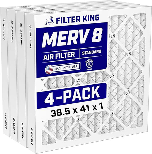 Filter King 38.5x41x1 Air Filter (MERV 8) (4-Pack) Dust & Allergy Control AC Furnace Filters, MADE IN USA, HVAC, Pleated, Electrostatic (Actual Size: 38.5 x 41 x .75)