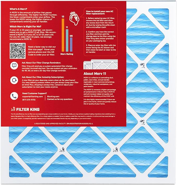 Filter King 16x20x5 Air Filter (MERV 11) (2-Pack) Dust & Allergy Control AC Furnace Filters, MADE IN USA, HVAC, Pleated, Electrostatic (Actual Size: 15.5 x 19.88 x 4.25))