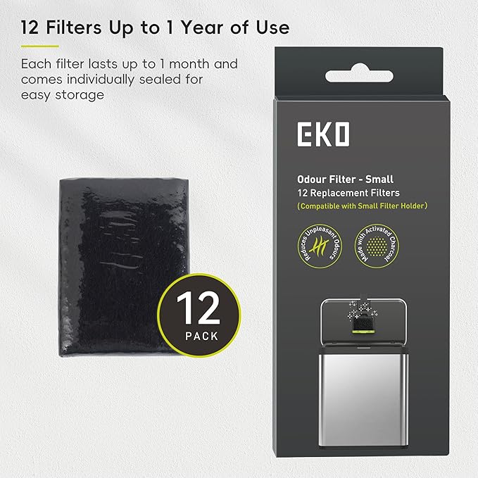 EKO Odor Filter Refills for Food Waste Bin and Compost Bin, Activated Carbon Deodorizer, Small Replacement Filters, Pack of 12