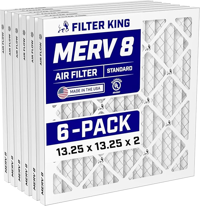 Filter King 13.25x13.25x2 Air Filter (MERV 8) (6-Pack) Dust & Allergy Control AC Furnace Filters, MADE IN USA, HVAC, Pleated, Electrostatic (Actual Size: 13.25 x 13.25 x 1.75)