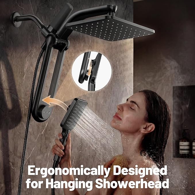 Dual Filtered Rainfall Handheld Shower Head Spray Combo, DAKINGS 7-Mode Shower Head With Handheld Spray Combination, Upgraded 11" High Flow Rain Handheld Spray Combo With Fixed Showerhead, Matte Black