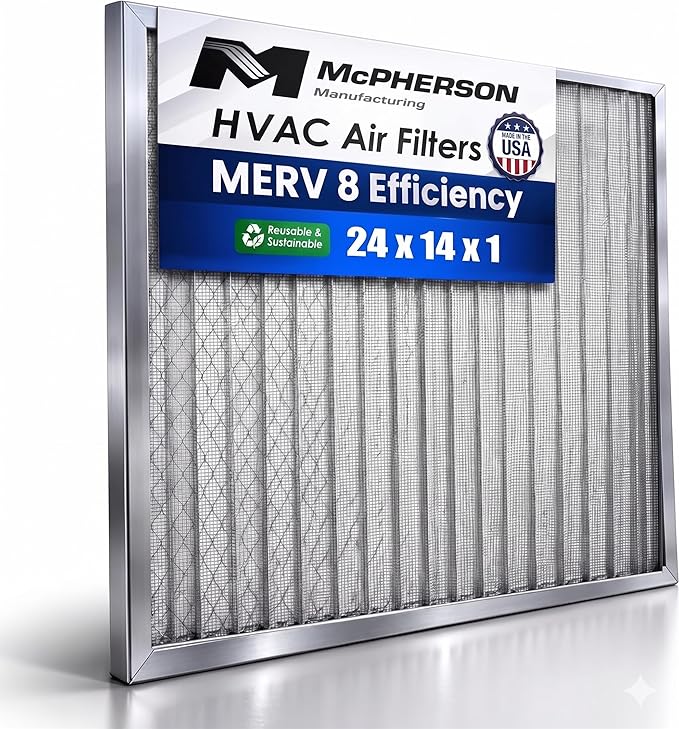 McPherson Reusable Air Filter 24x14x1 (Actual: 23.75" x 13.75" x 0.875") | Washable MERV 8 | Made in USA Metal Frame | HVAC AC Furnace | Permanent | Pet Dust Defense