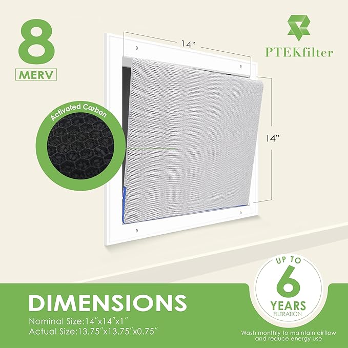 14x14x1 Washable & Reusable Air Filter with Activated Carbon Layer, MERV 8 Air Filters for AC HVAC Furnace, Machine Washable & Dryer Friendly