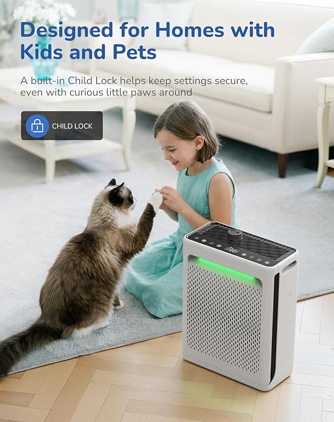 Air Purifier for Home Large Room, CADR 270 Powerful Bedroom Air Cleaner|Washable Pre-Filter, High Efficiency Filter, AQI Display, AUTOMode with Aroma, Reduce Pets Hair Dust Pollen Odor, DH-JH023 White