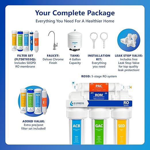 Express Water NSF Certified Reverse Osmosis Water Filter System, Chrome Faucet, Extra 4 Filters, Under Sink 5-Stage RO Drinking System – High Capacity 50 Gallons Per Day, Fast Flow, 3.2 Gallon Tank