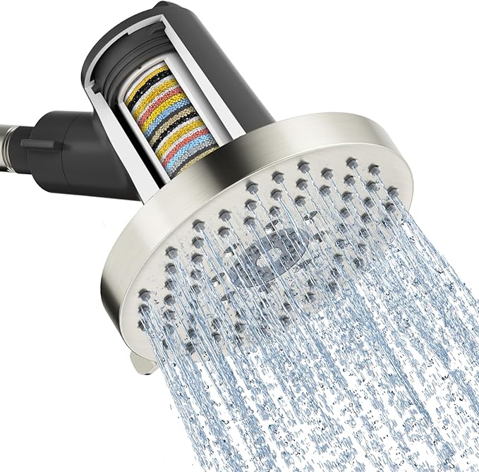 SR SUN RISE Filtered Shower Head - High Pressure Rain Shower Head with 20-Stage Filter,6 Spray Modes for Hard Water Softener, Remove Chlorine & Heavy Metals (Brushed Nickel, 5.6 Inch Round)