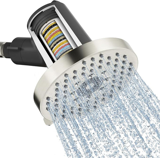 SR SUN RISE Filtered Shower Head - High Pressure Rain Shower Head with 20-Stage Filter,6 Spray Modes for Hard Water Softener, Remove Chlorine & Heavy Metals (Brushed Nickel, 5.6 Inch Round)