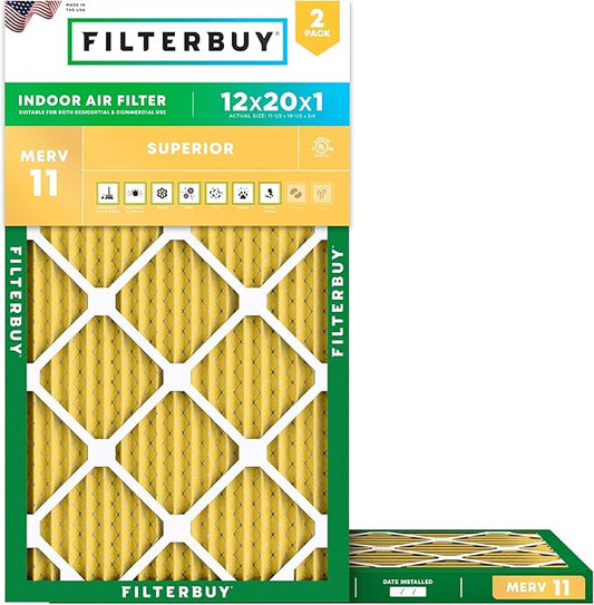 Filterbuy 12x20x1 Air Filter MERV 11 Superior Pet & Allergy Defense (2-Pack), Electrostatic Pleated HVAC AC Furnace Filters Replacement, Made in USA (Actual Size: 11.50 x 19.50 x 0.75)