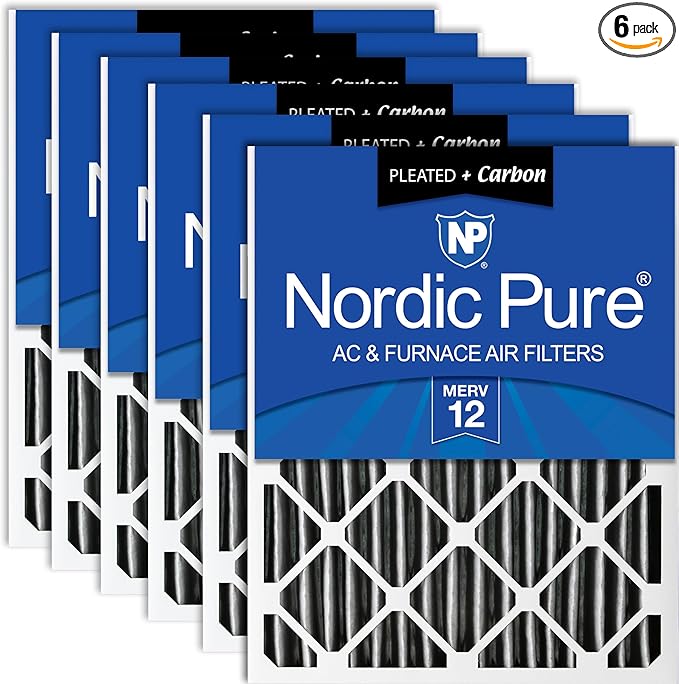 Nordic Pure 20x20x4 (Actual Size: 19 1/2 x 19 1/2 x 3 5/8) Pleated Air Filter MERV 12 Plus Carbon 6 Pack
